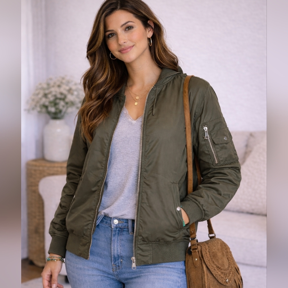 Fabletics Olive Green Bomber Jacket Size Large L Zip Front Utility Sleeve